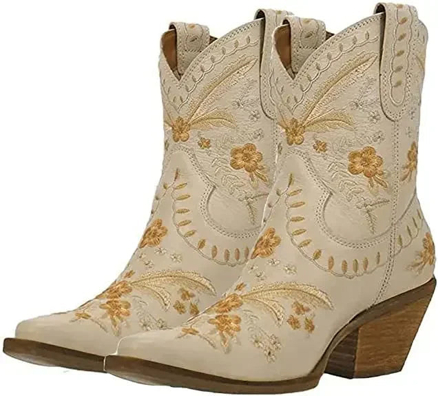 New 2025 Embroidered Western Boots For Women Ankle Bootie Cowboy Cowgirls Flower Print Fashion Chunke Heel Slip On Ankle Boots Good Vibrations