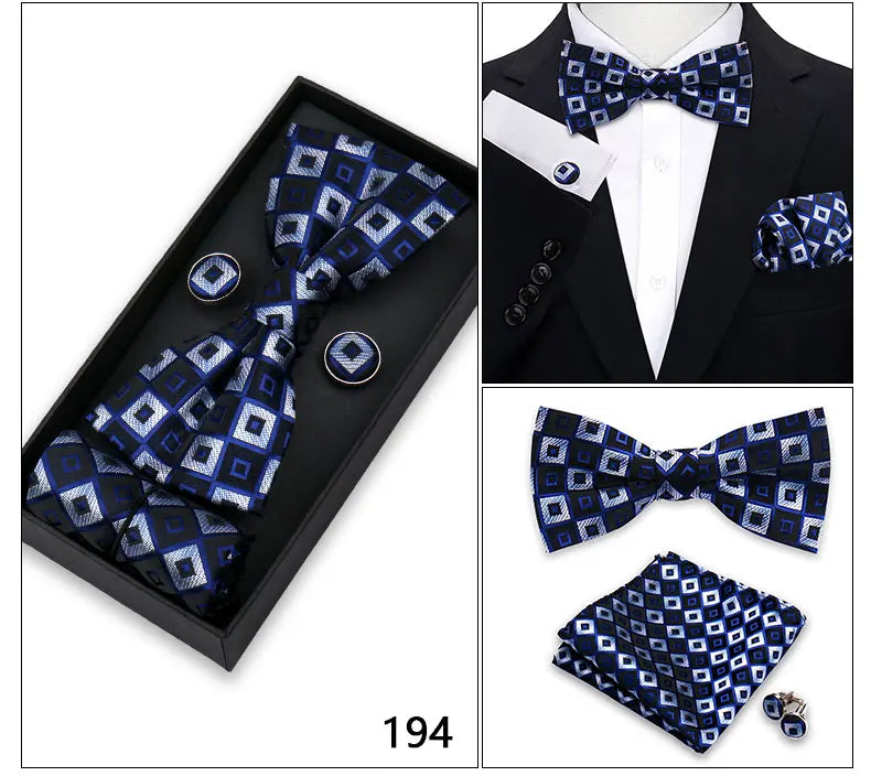 Bowtie For Men Set Gift Box Business Gift Fashion Bow Tie Pocket Square Cufflinks Set Bowtie 3pcs For Wedding Hanky Cravata Neck Good Vibrations