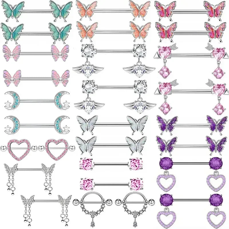 1Pair Green Butterfly Nipple Piercing Jewelry 14G Pink Heart Nipple Rings for Women Flower Nipple Piercing Barbell Pezon Mujer Good Vibrations Adult Super Store