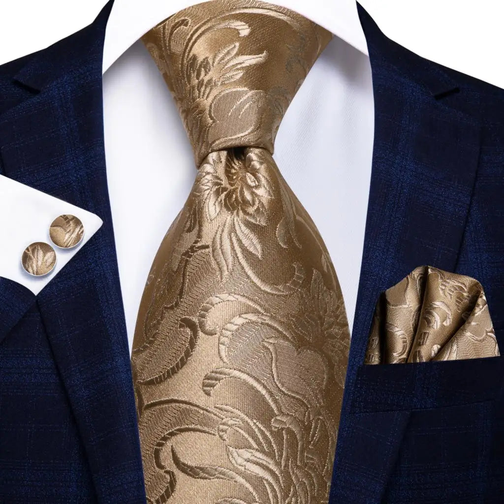 Hi-Tie Champagne Gold Striped Paisley Solid Men Silk Wedding Tie Fashion Design Necktie For Men Hanky Cufflink Business Party Good Vibrations