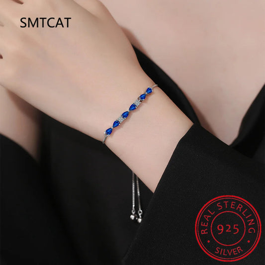 Pear Cut Blue Sapphire 925 Sterling Silver Bowknot Bracelet Adjustable for Women Statement Gemstone Jewelry Pulseiras De Prata Good Vibrations