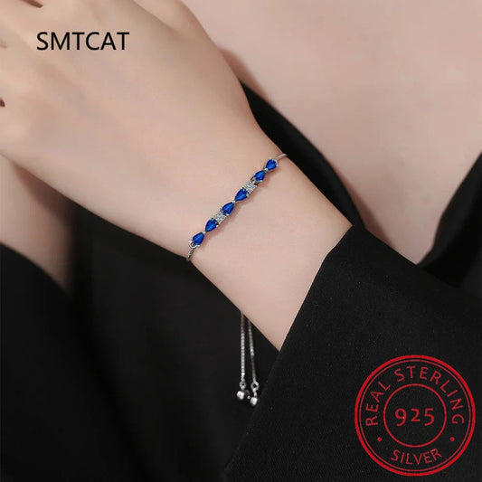 Pear Cut Blue Sapphire 925 Sterling Silver Bowknot Bracelet Adjustable for Women Statement Gemstone Jewelry Pulseiras De Prata Good Vibrations