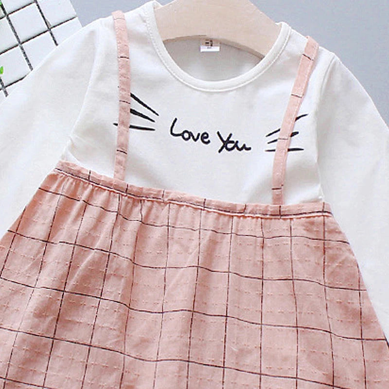 Checked Suspender Splicing Infant Dress Spring And Autumn Girls' Baby Long-Sleeved Dress Simple Girl Children'S Clothing Good Vibrations