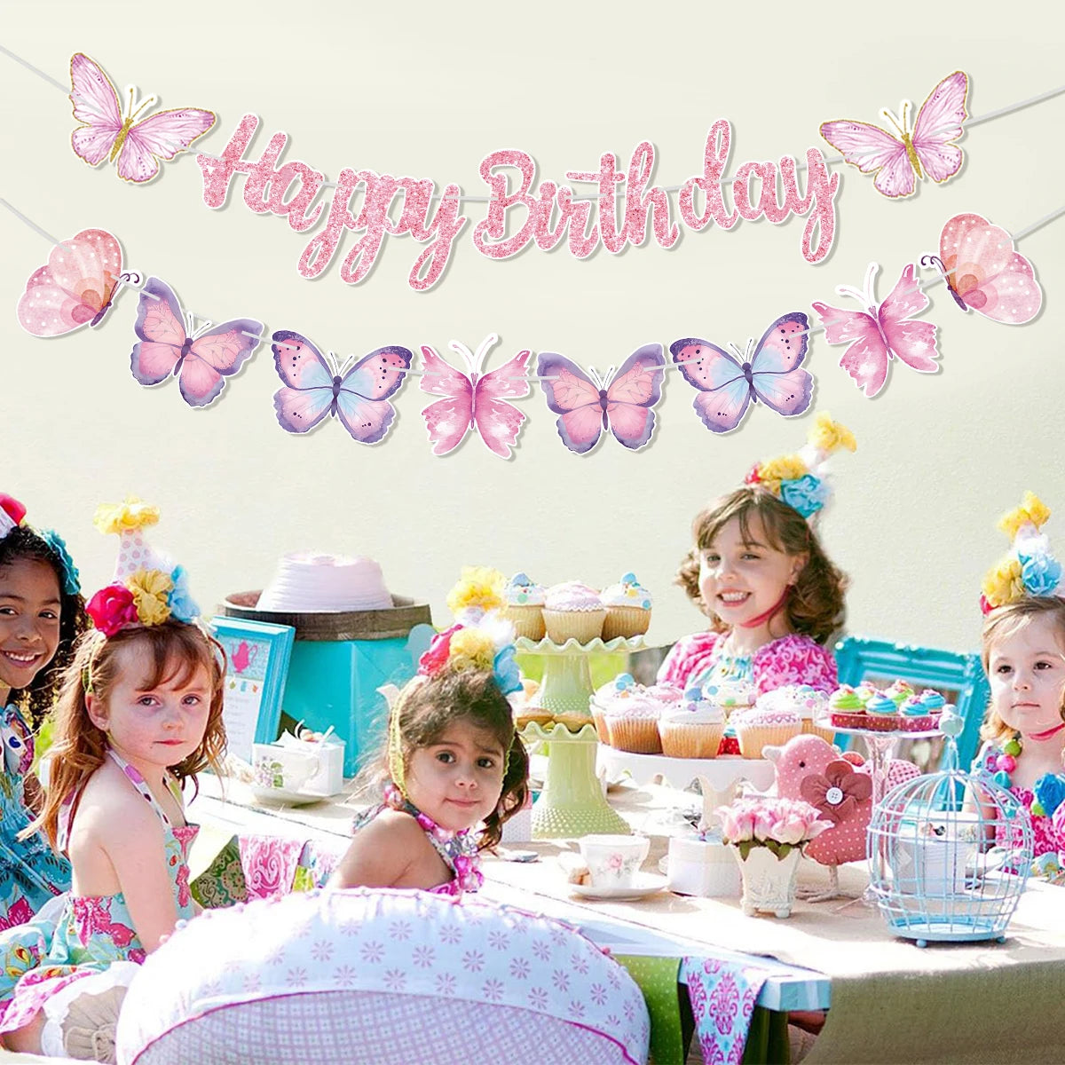 Pink Happy Birthday Banner With Butterfly Dancing Hanging Pendant Garlands  Girls Princess 1st Happy Birthday Party Decorations Good Vibrations