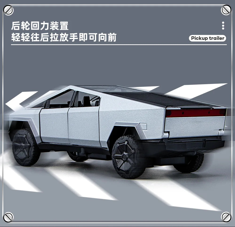 1:32 Toy Trucks for Boys Cybertruck Model Silver Pickup Truck Diecast Metal Toy Cars with Sound and Light for Kids Good Vibrations