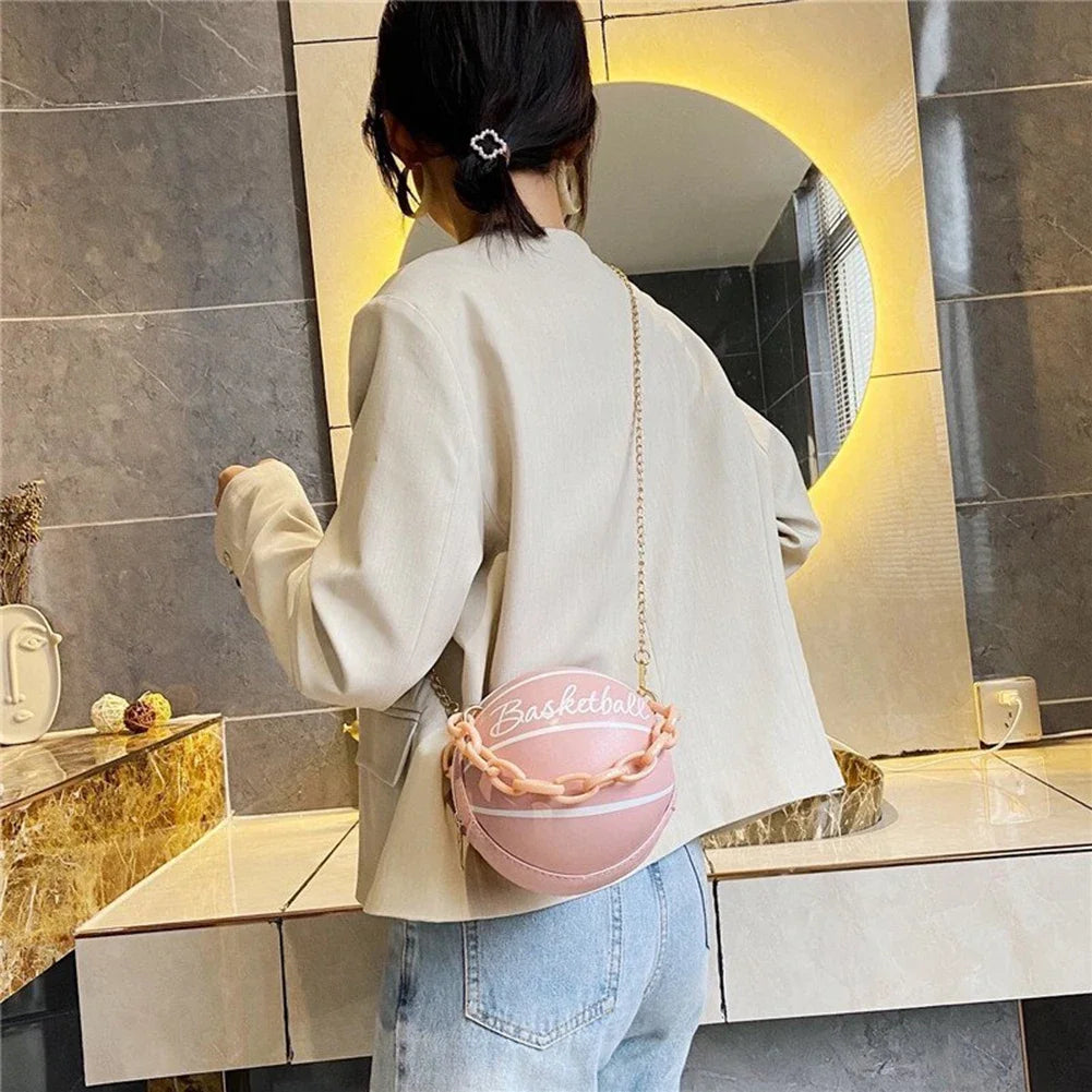 Personality INS Fashion Women Ball Bag Soft PU Leather Round Crossbody Thick Chain Hand Bags And Purses Female Basketball Bag Good Vibrations