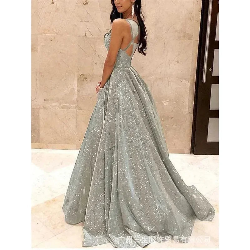 Sexy Strap V Neck Halter Glossy Guest Graduation Celebrity Evening Floor Length Dress Elegant Luxurious Women Corset Party Dress Good Vibrations
