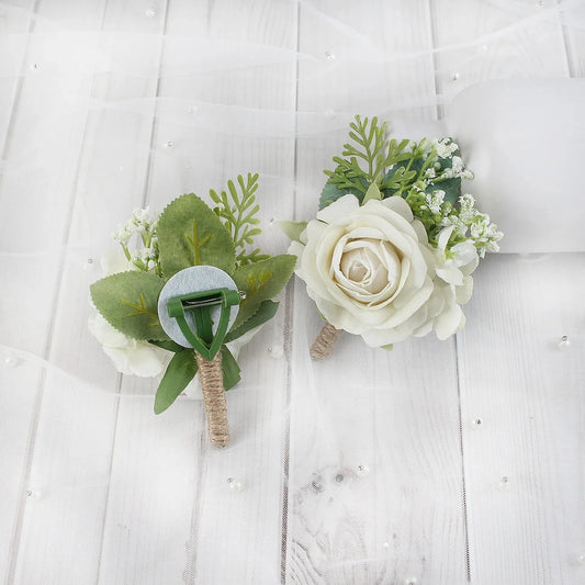 Boutonnieres Flowers Artificial Roses Silk White Ivory Corsage Buttonhole Groomsmen Boutonniere for Men Wedding Accessories Good Vibrations