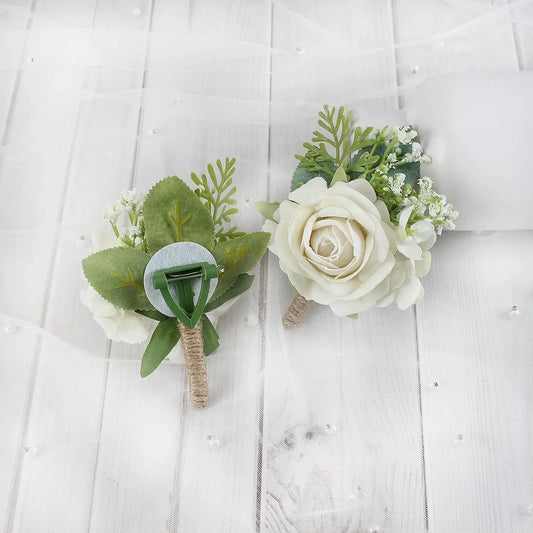 Boutonnieres Flowers Artificial Roses Silk White Ivory Corsage Buttonhole Groomsmen Boutonniere for Men Wedding Accessories Good Vibrations