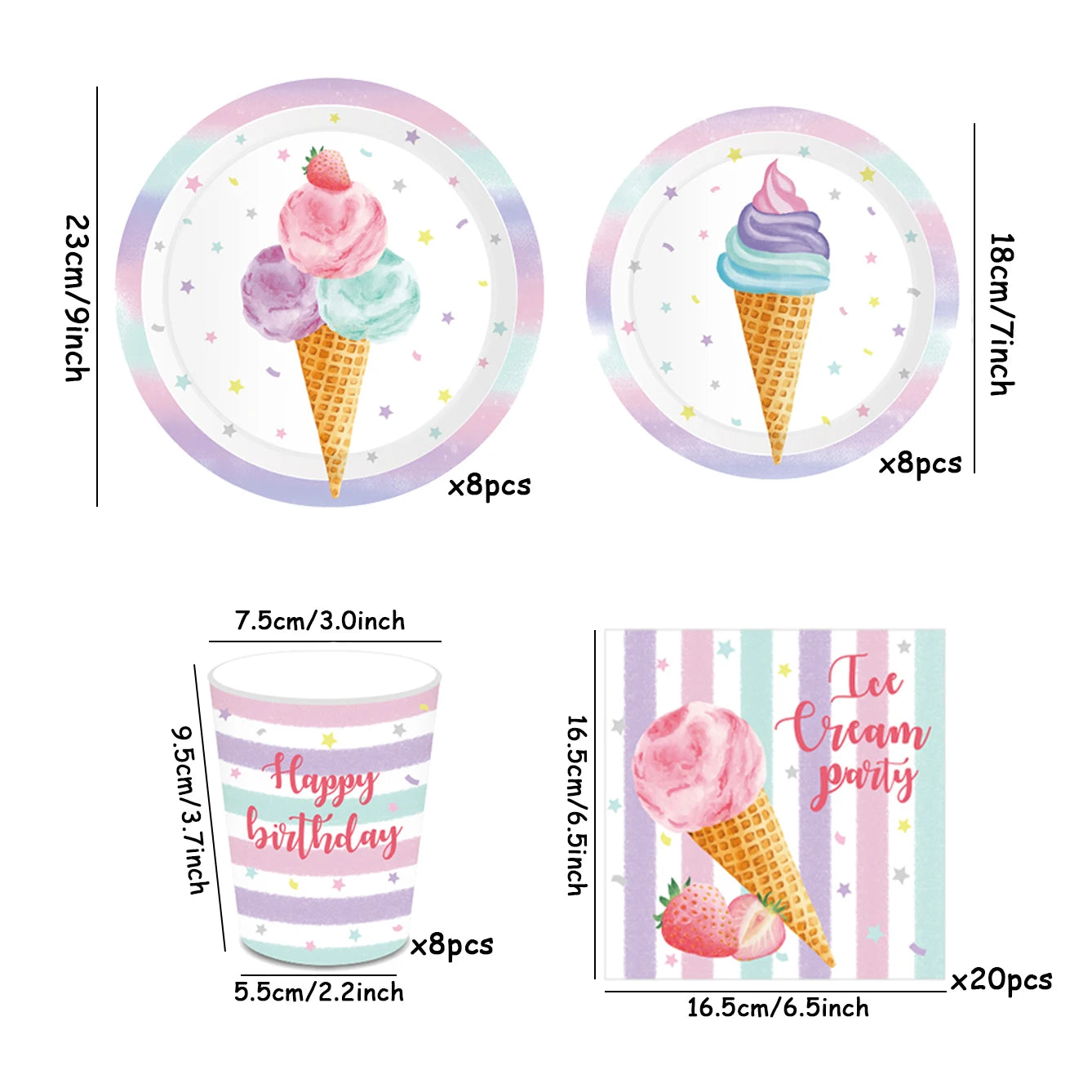 Ice Cream Theme Party Disposable Paper Tableware Set Plate Cup Napkin For Birthday Party Wedding Baby Shower Decoration Supplies Good Vibrations