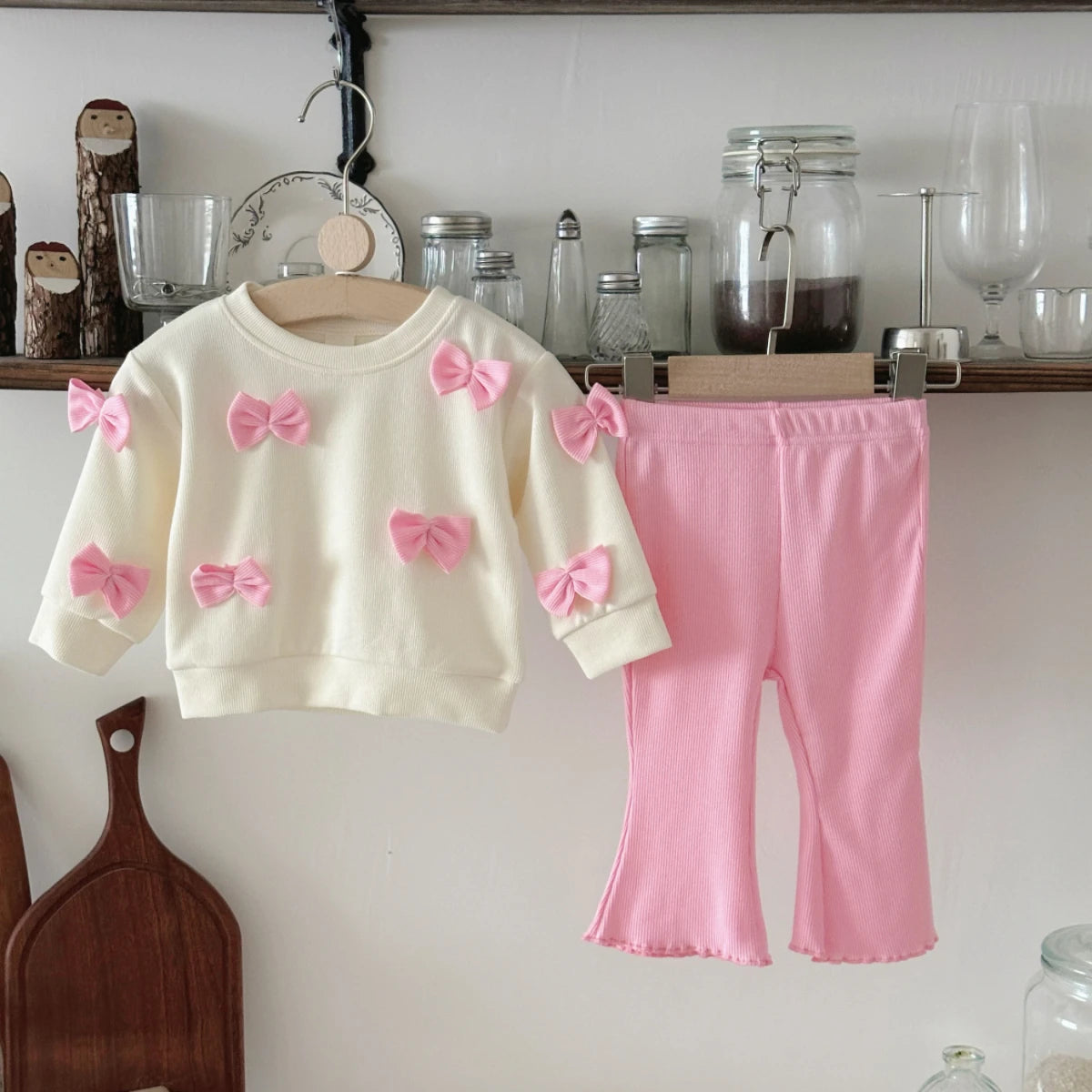 2025 Spring Autumn New Kids Cute Bowknot Long Sleeved Outfit Set Baby Boy Girl Cartoon Casual Tracksuit Pink Flared Pants Suit Good Vibrations
