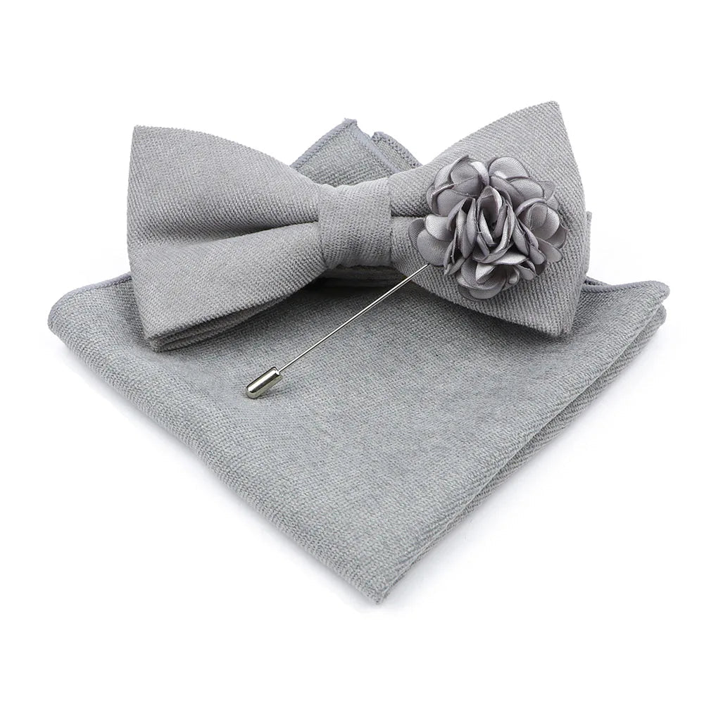 Mens Solid Color Cotton Bowtie Pocket Square Brooch Sets Pink Blue Super Soft Suede Bow Tie Handkerchief For Wedding Party Gift Good Vibrations