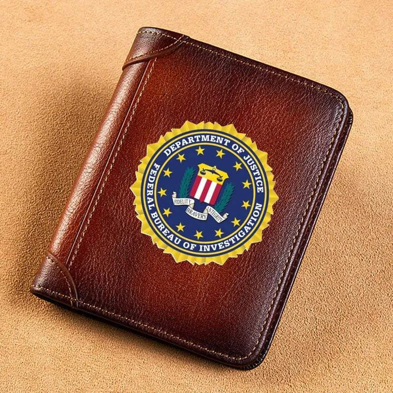High Quality Genuine Leather Men USA FBI Department Of Justice Printing Cover Short Card Holder Purse Luxury Brand Male Wallet Good Vibrations