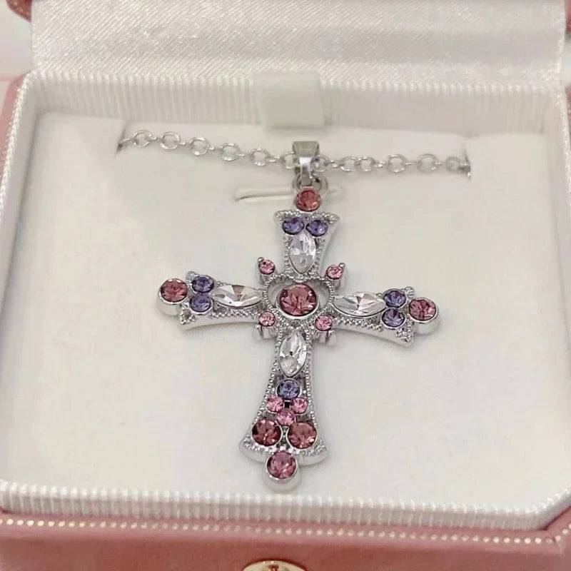 Подвеска Cross Necklace For Women Rhinestone Pendant Clavicle Chain Charm Party Jewelry Gifts Punk Pink Purple Zircon Gothic Good Vibrations