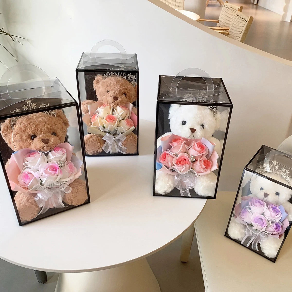 1PC Rose Flower Bouquet Plush Bear Gift Box Eternal Flower Bouquet Mother's Day Gifts Wedding Birthday Party Decor Accessories Good Vibrations