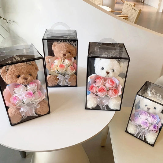 1PC Rose Flower Bouquet Plush Bear Gift Box Eternal Flower Bouquet Mother's Day Gifts Wedding Birthday Party Decor Accessories Good Vibrations