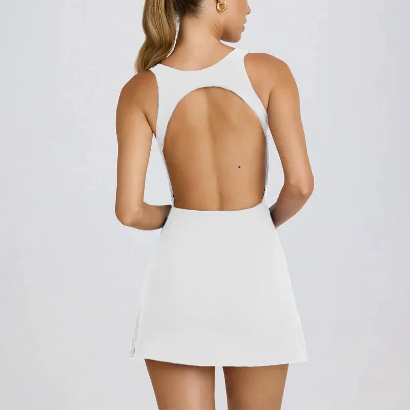 Tennis Dress Women Quick Dry Backless Golf Sport Skirts Set Sleeveless Slim Fitness Yoga Dress with Inner Shorts Sportswear Good Vibrations