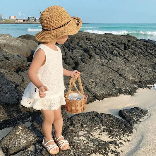 Girls 2024 Summer Clothing Sets Hollow Lace Suit Baby Casual Sleeveless T-shirt+Shorts Kids Clothing Sets Baby Clothes Outfits Good Vibrations