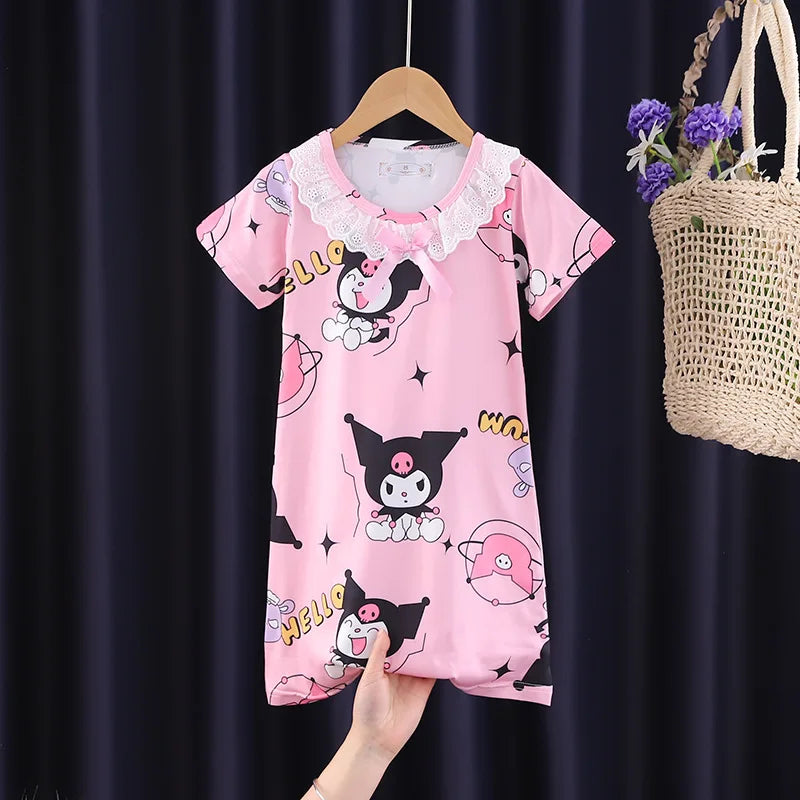 New Baby Girl Kuromi Nightgown Summer Children Short SLeeve Cartoon Nightdress Girls Clothing Children's Pajamas Dress 3-12T Good Vibrations