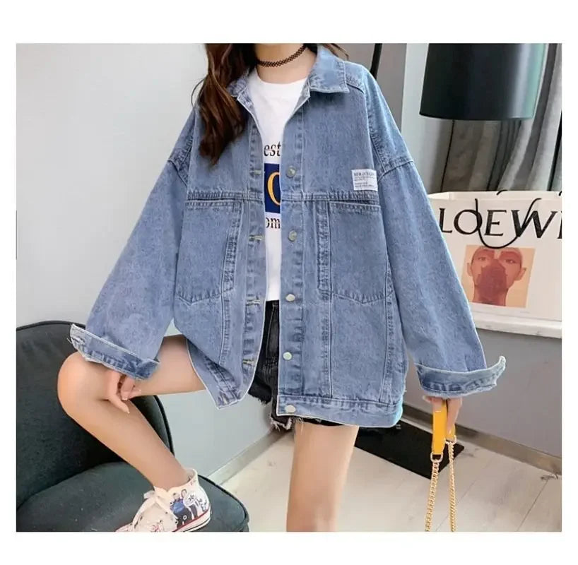 Casual Long Sleeve Denim Shirt Women's Versatile Spring Autumn Wear Multiple Times Outerwear Polyester Fiber Loose Fit Good Vibrations