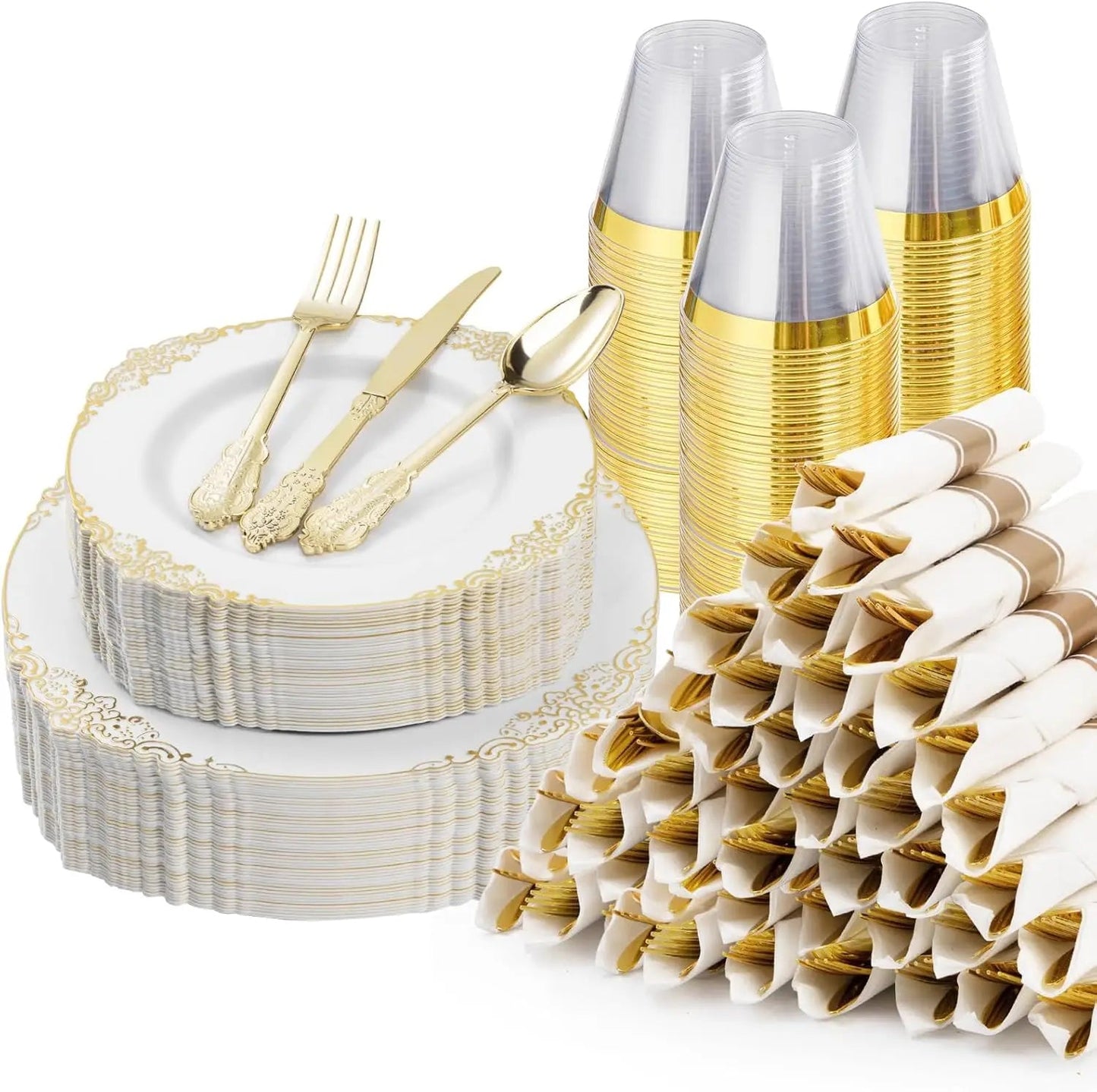 350PCS Gold Plastic Plates for 50 Guests, Disposable Dinnerware Sets Include 100 Gold Rim Plastic Plates, 50 Silverwares Good Vibrations