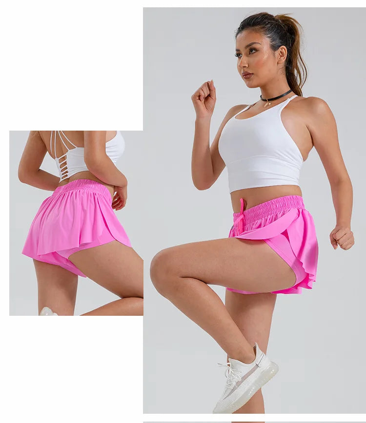 2 in 1 Flowy Sports Shorts Women Running Short Butterfly Tennis Skirt with Pockets Gym Yoga Athletic Biker Spandex Skirts Summer Good Vibrations