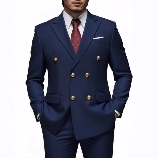Suit (Blazer + Trousers) Men's Fashionable Gentleman Business Double-breasted Solid-color Banquet Host Casual Wedding Suit Good Vibrations