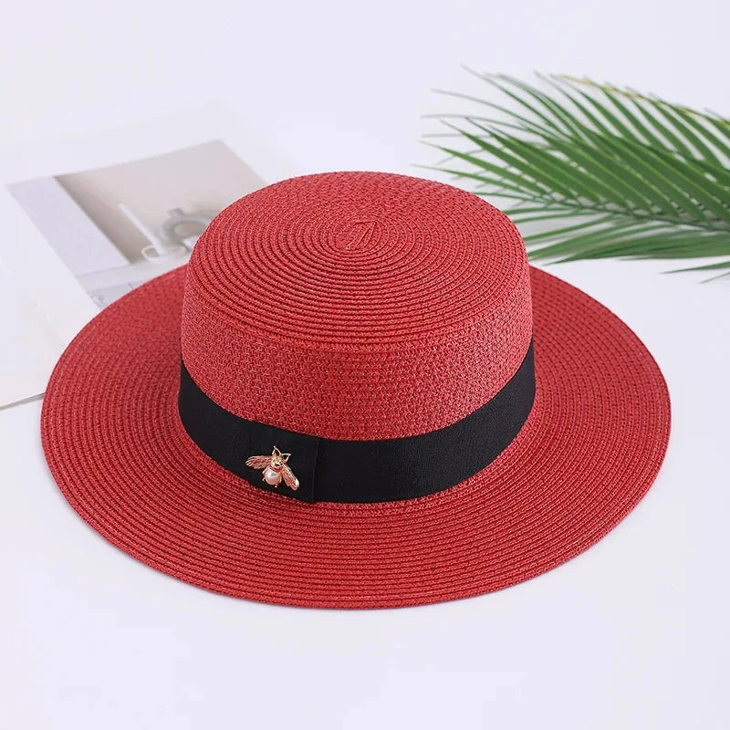 new Ladies Sun Fedora Hats Small Bee Shiny Straw Hat European American Retro Gold Female Sunshade Flat Sequins Hat Good Vibrations