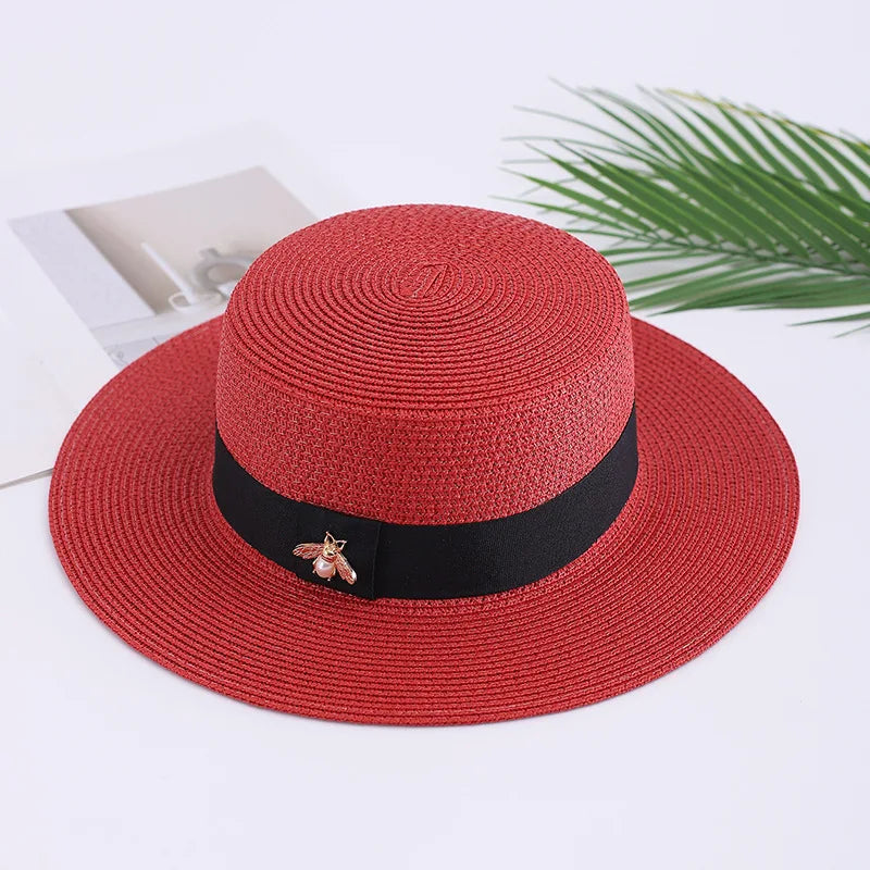 new Ladies Sun Fedora Hats Small Bee Shiny Straw Hat European American Retro Gold Female Sunshade Flat Sequins Hat Good Vibrations