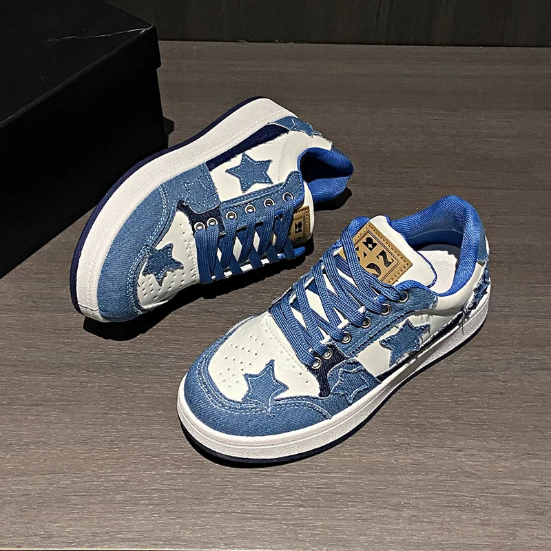 Women's Fashion Sneakers Spring New Denim Spliced Front Lace-Up Platform Non-Slip Wear-Resistant Flat Single Shoes Good Vibrations