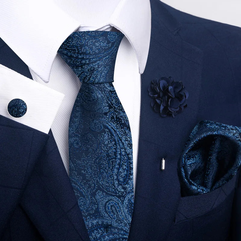 Luxury Mens Ties Floral Black Gold Ties Paisley NeckTie Pocket Square Cufflinks Brooch Set Men's Wedding Party Tie Good Vibrations