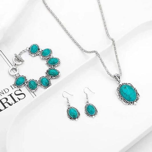 3pcs Women's Vintage Turquoise Bracelet Necklace Earrings Set, Healing Stone Decoration Gift(Without Box) Good Vibrations Adult Super Store