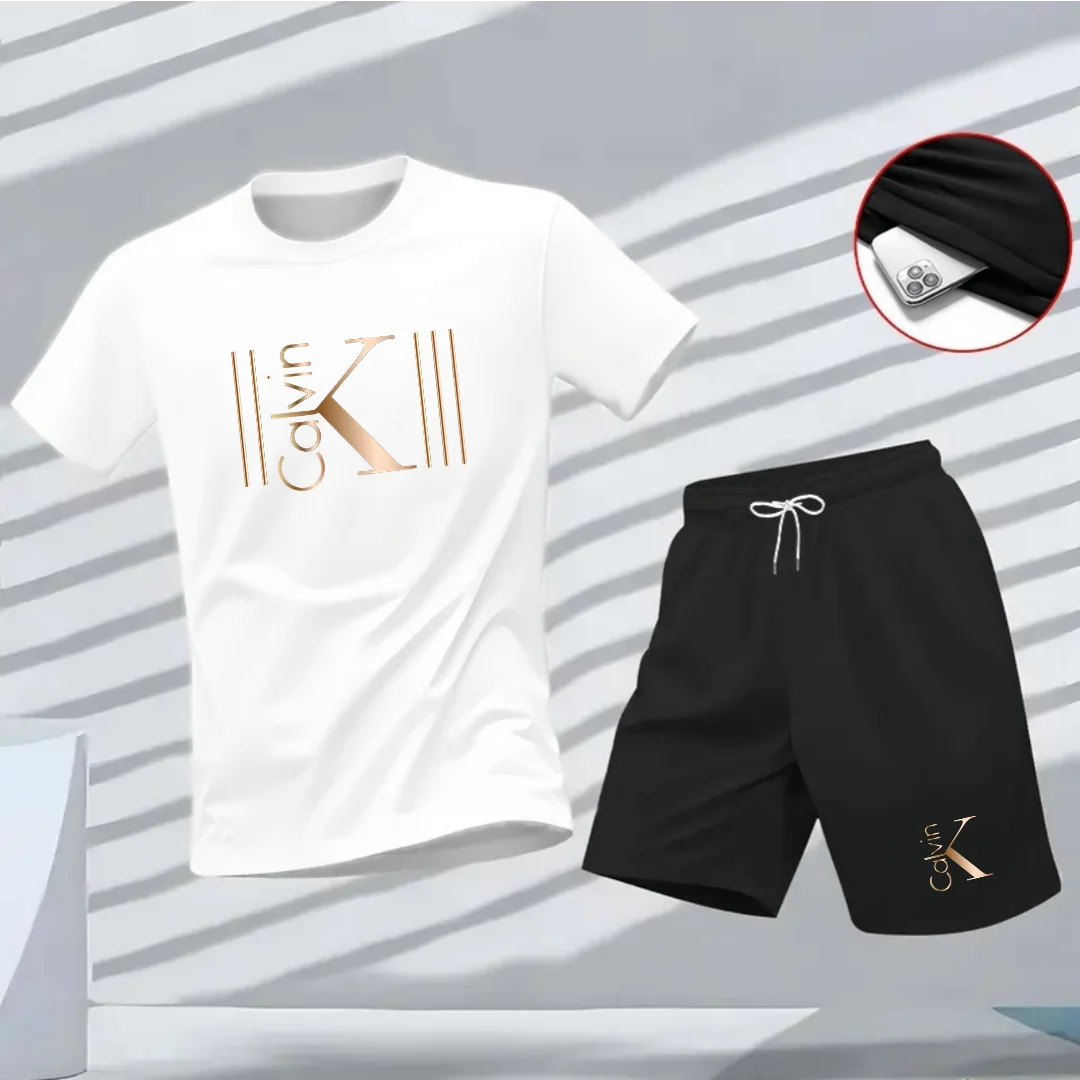 2025 Men's Breathable Sports Pattern Printed T-Shirt Casual Fashion Short-Sleeved T-Shirt Summer Streetwear Top Two-Piece Set Good Vibrations