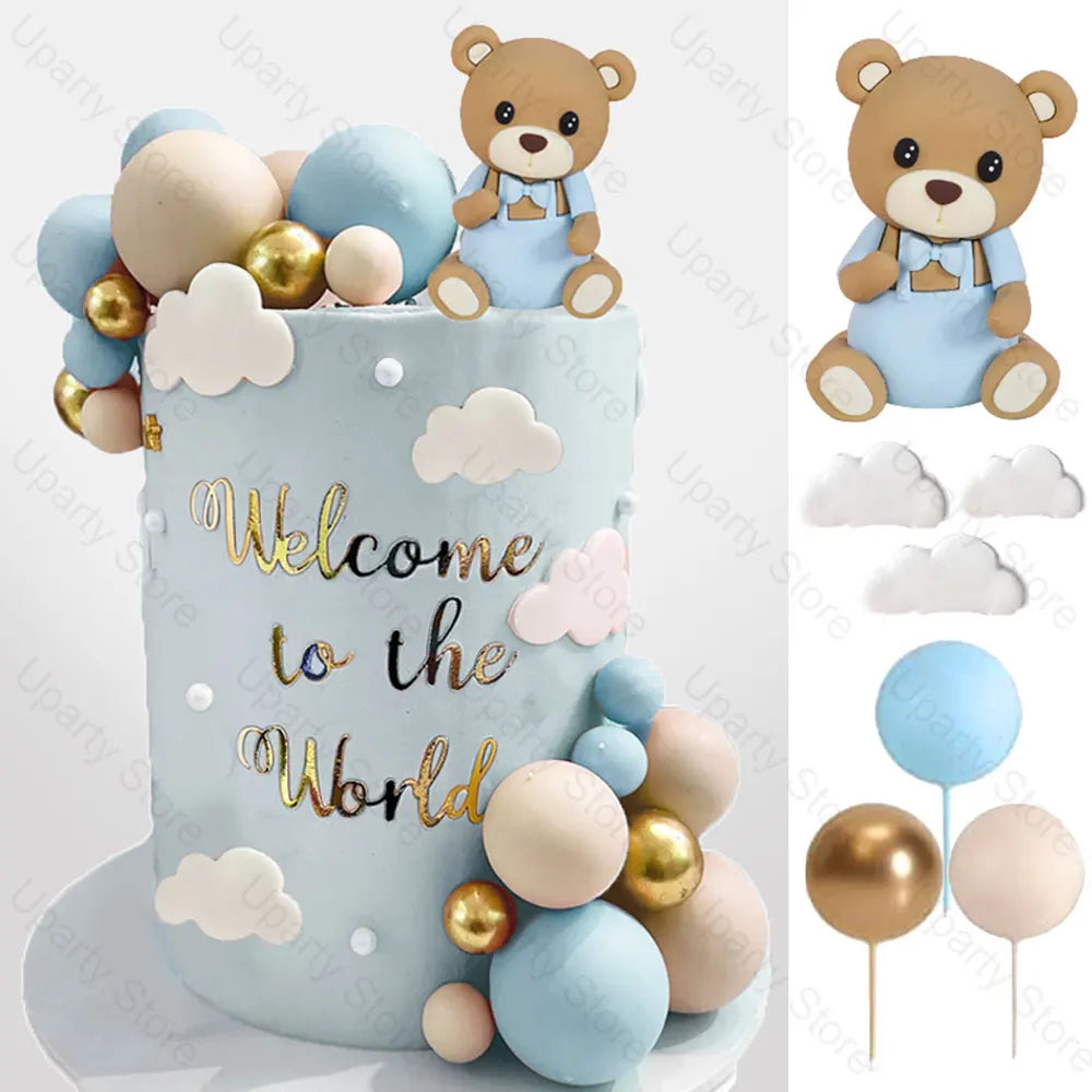 32Pcs Bear Cake Toppers Blue Pink Cake Balls Brown Bear Cake Decorations for Baby Shower 1st Birthday Party Cake Decor Favor Good Vibrations