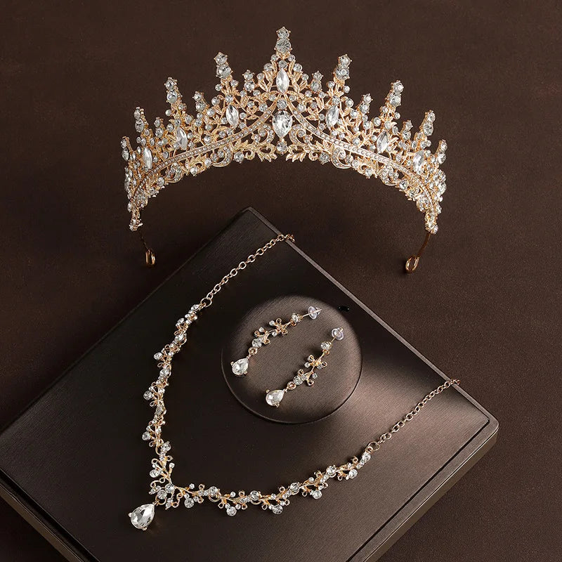 Bridal Wedding Jewelry 4-piece Set, Alloy Crystal Crown&Crystal Necklace&Earrings Women's Classic Wedding Tiaras Good Vibrations