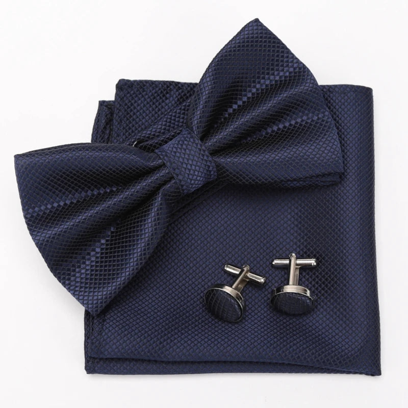 Men Bowtie Set 3pcs Plaids Classic Fashion Wedding Party Formal Cufflinks Bow Tie Handkerchief Cuff Links Lots Three Piece Set Good Vibrations