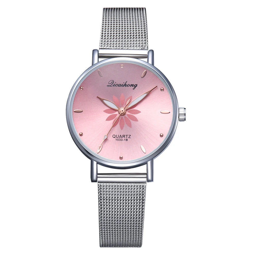 Watches For Women Luxury Silver Popular Pink Dial Flowers Metal Ladies Bracelet Quartz Clock Ladies Wrist Watch New Clock Good Vibrations