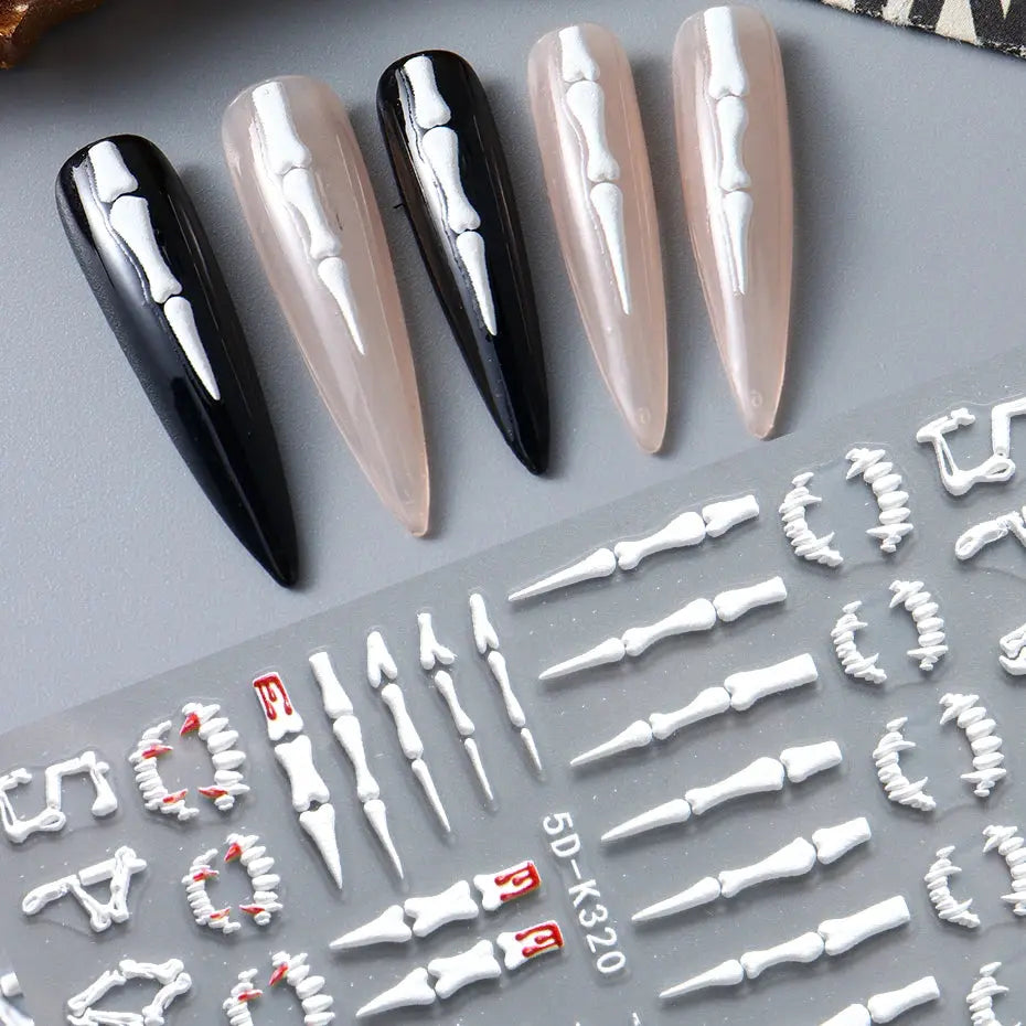 5D Halloween Nail Stickers White Bones Design Spooky Ghost Pumpkin Sliders for Nails Glitter Heart Spider Web Manicure Decals Good Vibrations