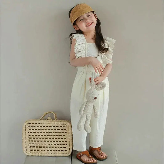 Girls' Clothing Set Hollow Lace Flying Sleeves Top+Cropped pants Summer New Solid Color Minimalist Temperament Children's Set Good Vibrations