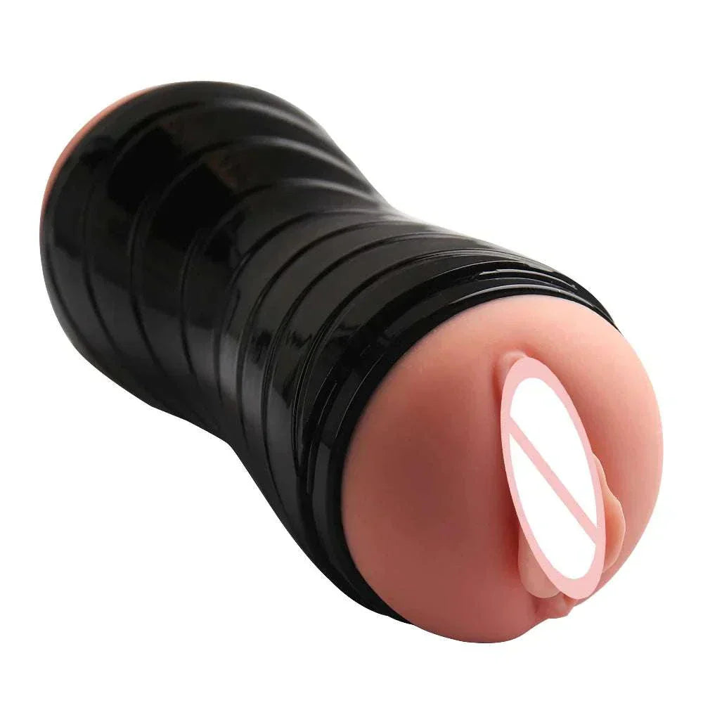 Male masturbation cup with double head design for glans training and oral simulation.