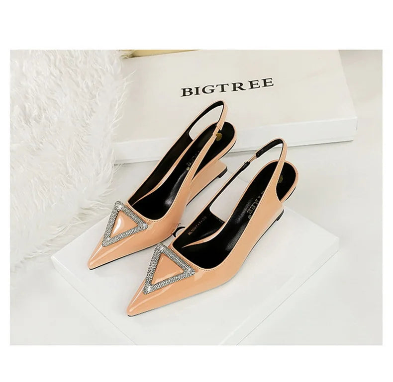 Wedges Women Shoes High Heel Shallow Pointed Toe Hollow Back Straps Patent Leather Triangle Metal Crystal Buckle Pumps Good Vibrations