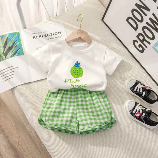 Fruit T-shirt Plaid Shorts Girls 2pc/set Summer Children's Clothes Cotton Kids Short Sleeved Suit Fashion Baby Clothing 1-6Y Good Vibrations