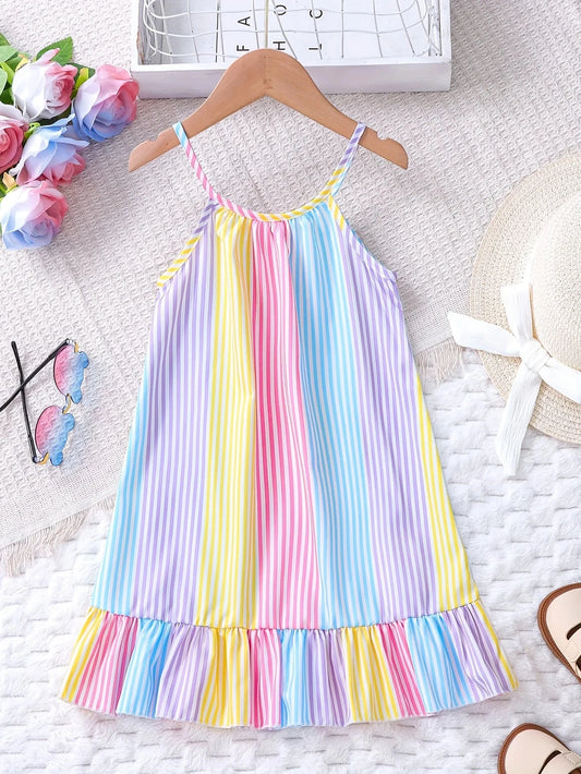 Girls' Summer Colorful Striped Ruffle Hem Dress Children's Summer Vacation Beach Play Suspender Dress Good Vibrations