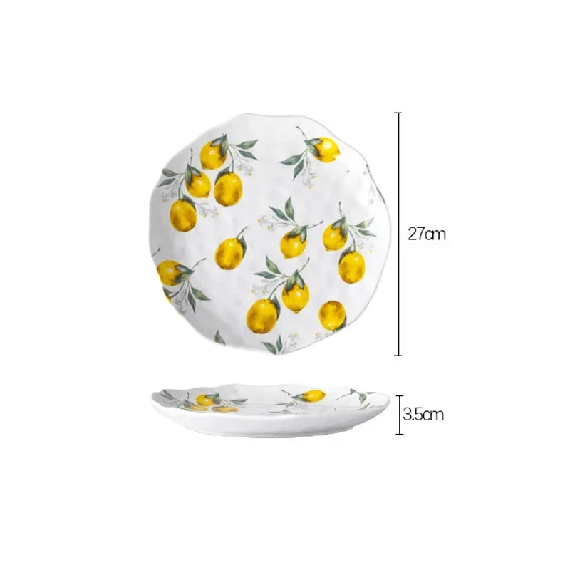 European Ceramic Plate Creative Rural Style Breakfast Bread Plate Hand Drawn Lemon Desktop Fruit Salad Plates Kitchen Tableware Good Vibrations