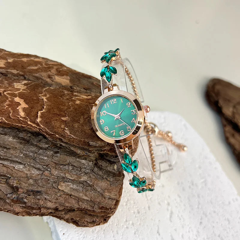 Round alloy case Arabic numeral classic dial leaf-shaped diamond-encrusted fashionable bracelet elegant ladies quartz watch Good Vibrations Adult Super Store