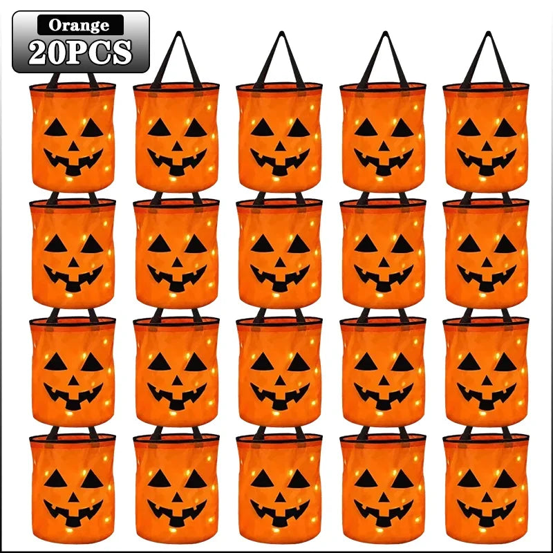 1-20PC LEDLight Up Halloween Pumpkin Candy Tote Bag Basket for Kids Trick or Treat Party Bucket for Holiday Event Decoration Use Good Vibrations