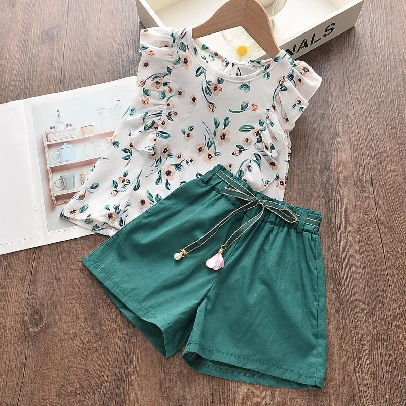 Girls Clothing Sets Brand New Summer New Kids Flower Print Vest Top with Casual Short Pant 2PCS Girl Suit Clothing 3-7 Y Good Vibrations