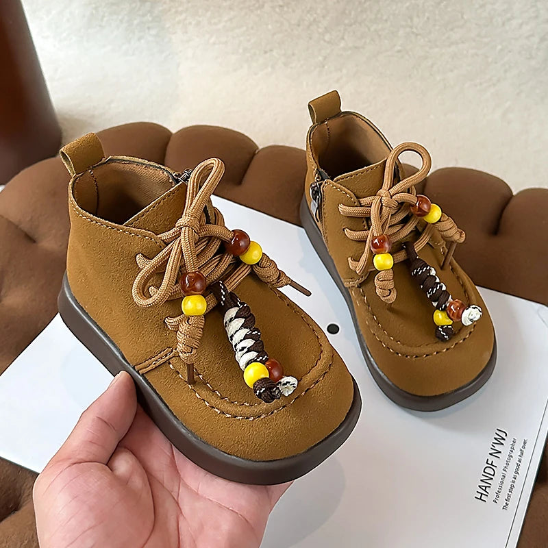High Top Casual Shoes for Girls 2025 New Autumn Toddler Walking Shoes with Cute Ornament Soft Sole Simple Retro Kid School Flats Good Vibrations