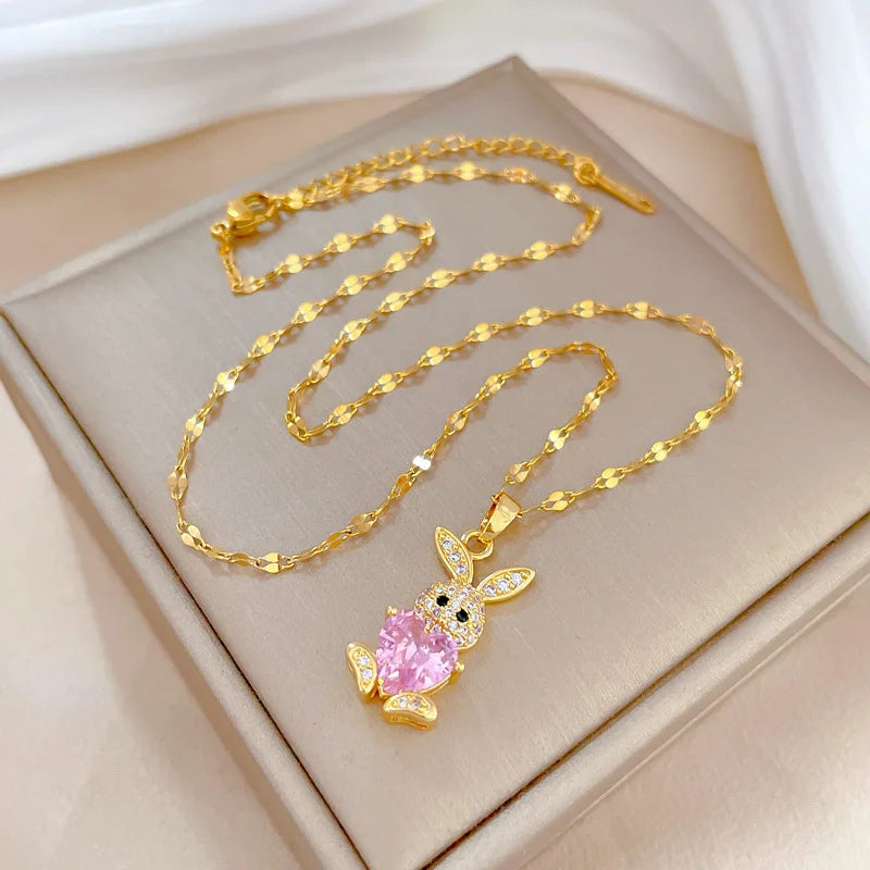 Stainless Steel Jewelry Sets for Woman Girls Shining Austrian Crystal Cute Rabbit Pendant Necklace Huggie Earrings Birthday Gift Good Vibrations Adult Super Store
