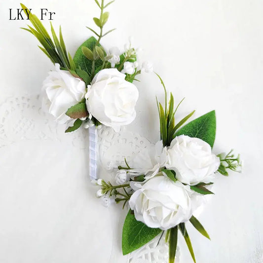 White Boutonniere Wedding Accessories Groom Buttonhole Wrist Corsage Brooch Flowers Artificial Silk Roses Bridesmaids Bracelets Good Vibrations